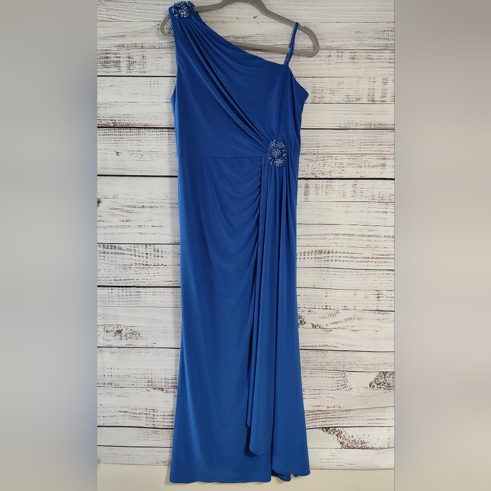 Adrianna Papell One Shoulder Blue Jersey Evening Gown Size 16 NWT - Picture 3 of 12